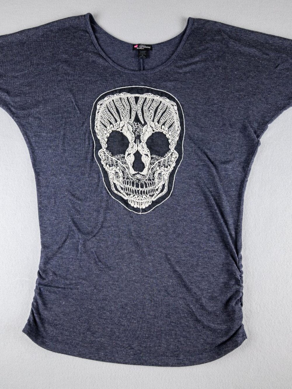 Delirious Los Angeles XL Skull Graphic Tunic Top Heather Navy Ruched Gothic